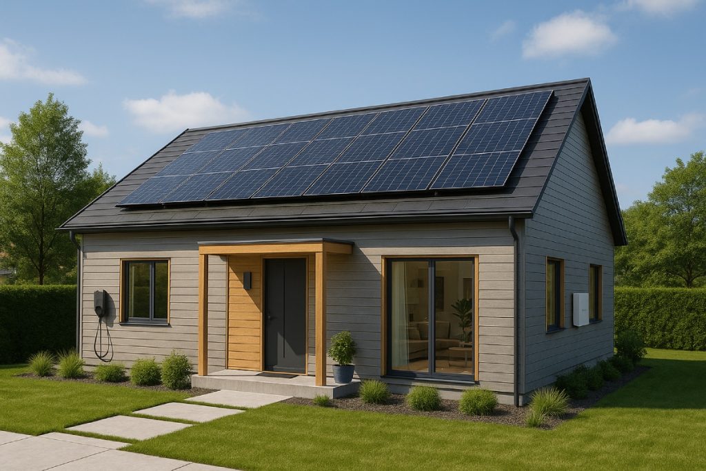 Eco-friendly and smart Northern California home with solar panels, automated lighting, and modern architectural design.